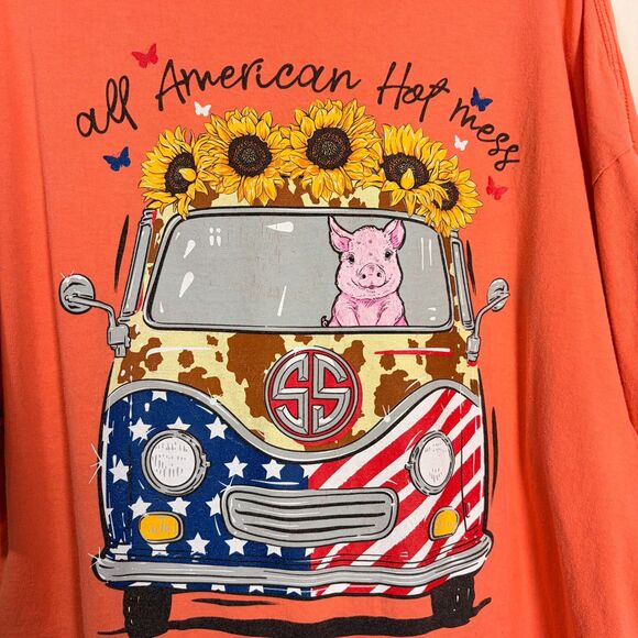 Simply Southern Tops - Simply Southern All American Hot Mess T-shirt 2X Coral Pig Sunflower VW Van